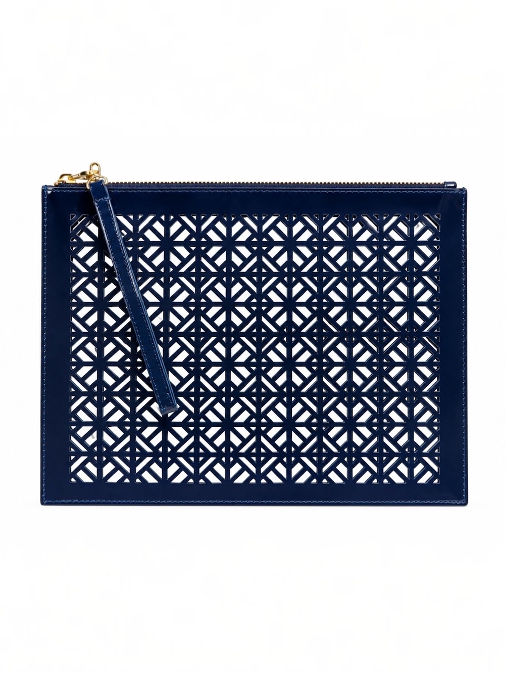 Tory Burch Navy Patent Leather Laser Cut Zip Wristlet Clutch Geometric